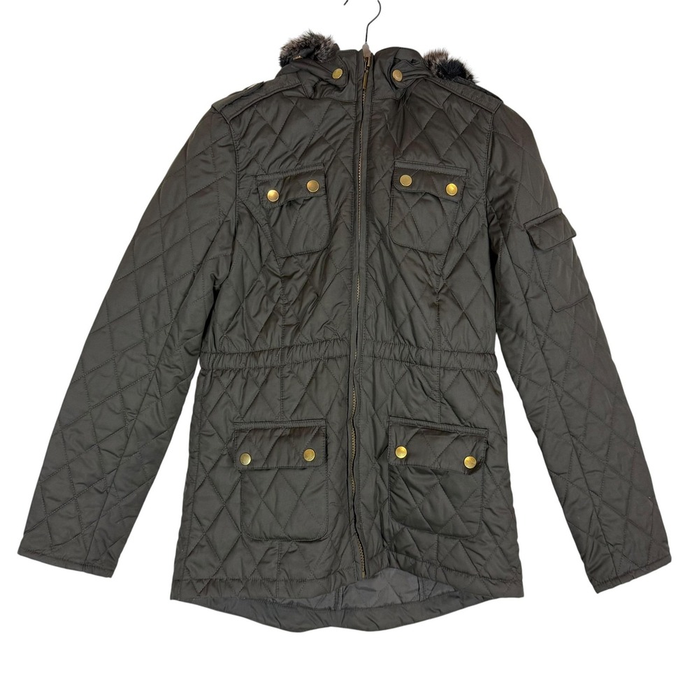 Copper Key Coat Girls 14-16 Green Quilted Hooded Faux Fur Pockets Fall Winter